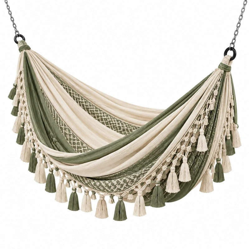 Amaca sospesa 200 x 100 cm in cotone verde e beige stile boho con frange