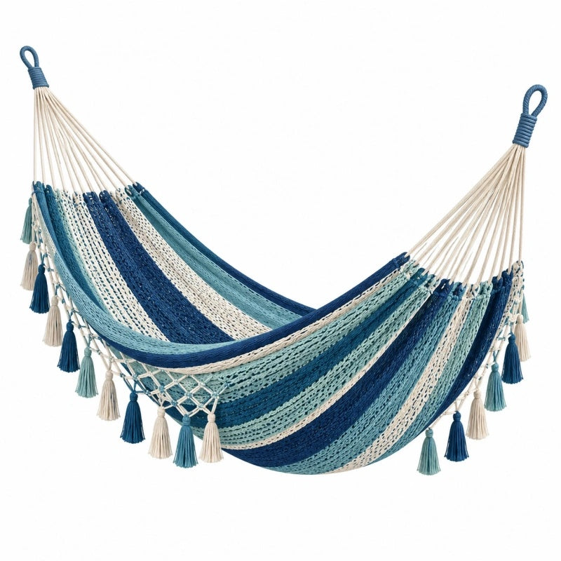 Amaca 200 x 100 cm in cotone blu azzurro e crema con frange