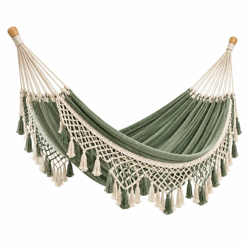 Amaca 200 x 100 cm in tessuto verde salvia con corde beige stile boho