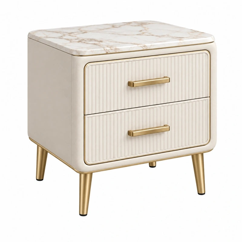 Comodino 50 x 40 x 55 cm avorio con piano effetto marmo e 2 cassetti stile moderno