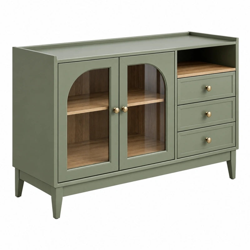 Credenza 120 x 40 x 90 cm verde salvia in legno con ante in vetro e cassetti