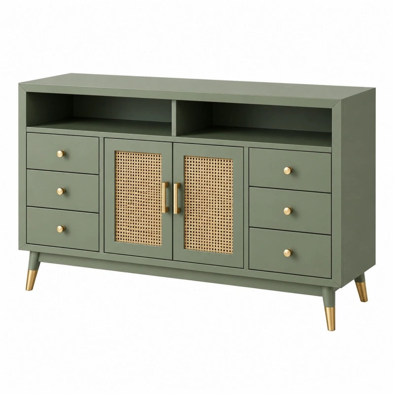 Credenza 140 x 40 x 85 cm in legno ingegnerizzato verde con rattan e cassetti