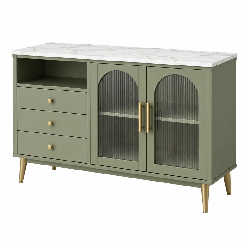 Credenza 120x40x85 cm verde salvia in legno ingegnerizzato con piano effetto marmo e ante in vetro
