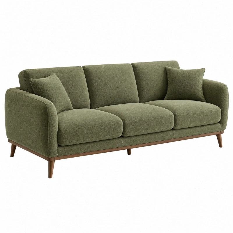Divano tre posti 210 cm in tessuto verde con gambe in legno - stile moderno