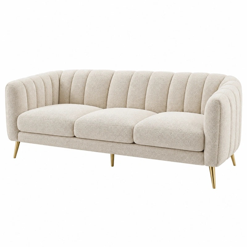 Divano 3 posti 210 cm in tessuto beige con gambe in metallo stile moderno per soggiorno
