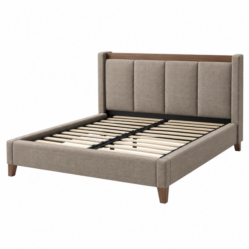 Letto matrimoniale 160 x 200 cm in tessuto tortora con rete a doghe stile moderno