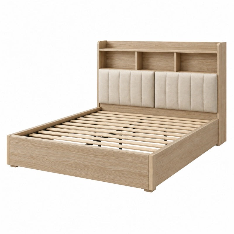 Letto matrimoniale 160 x 200 cm in legno beige con testiera imbottita e ripiani