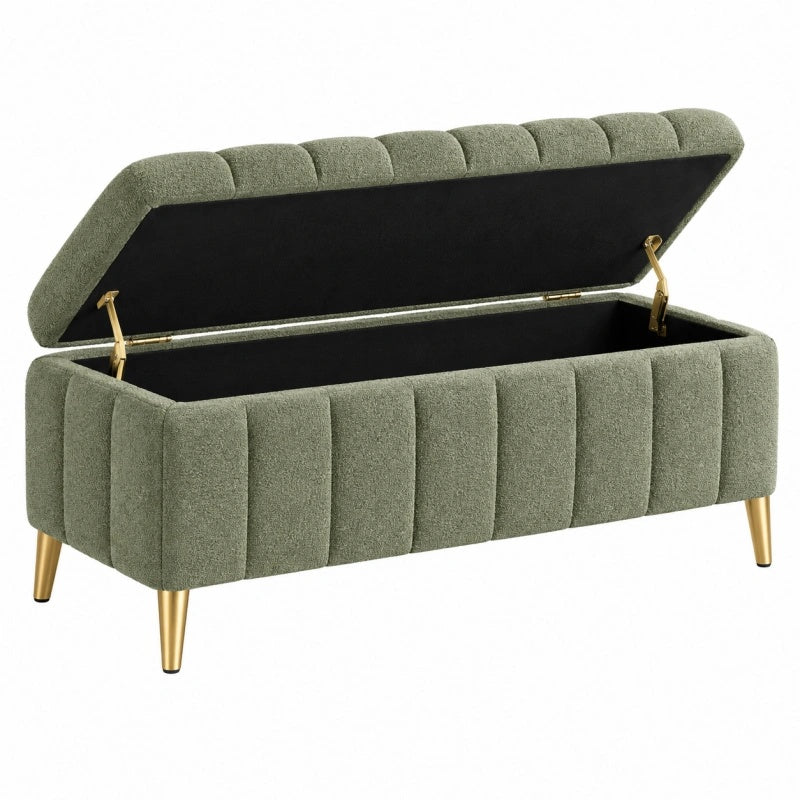 Panca contenitore 120 x 45 x 50 cm in tessuto verde con gambe metalliche stile moderno