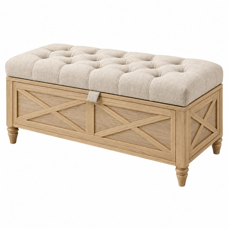 Panca contenitore 120 x 45 x 50 cm in legno beige con seduta imbottita stile classico