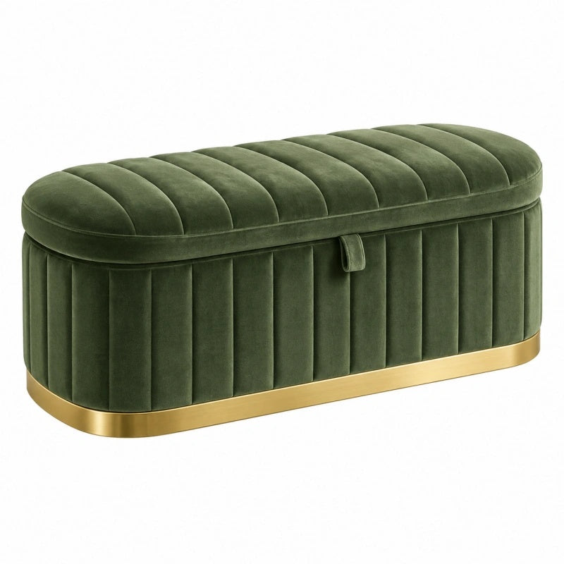 Panca contenitore 100 x 40 x 45 cm in velluto verde con base dorata stile moderno