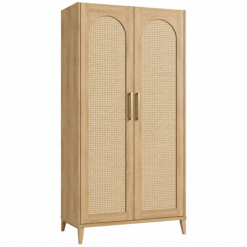Armadio 90 x 50 x 180 cm in legno naturale e rattan a 2 ante stile bohémien