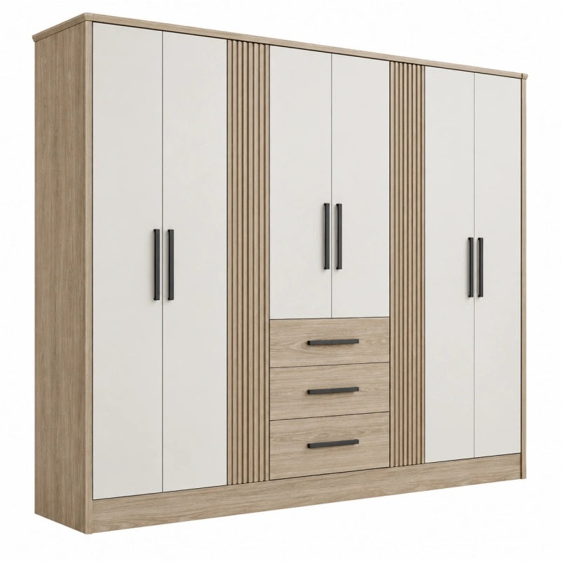 Armadio guardaroba 200 x 60 x 200 cm in legno ingegnerizzato bianco e rovere con 6 ante e 3 cassetti