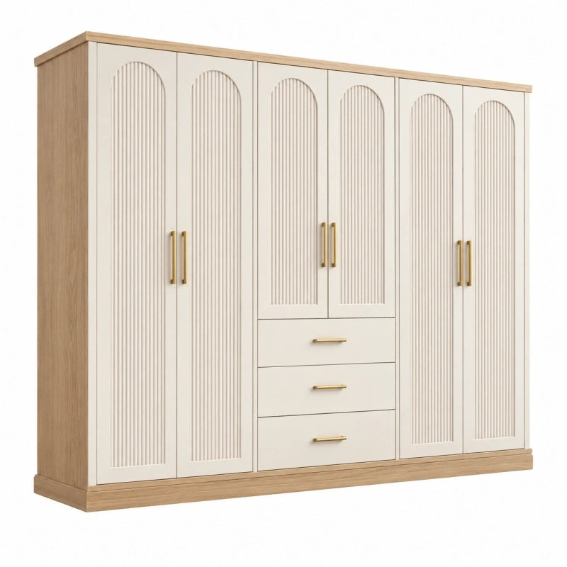 Armadio guardaroba 240 x 60 x 200 cm beige e rovere con 6 ante 3 cassetti stile moderno