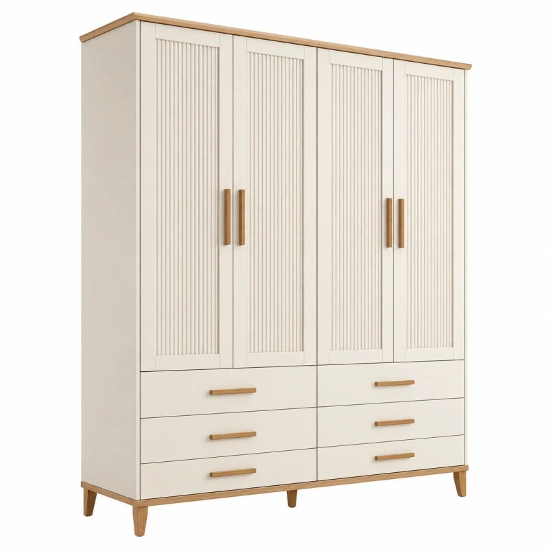 Armadio guardaroba 180 x 55 x 200 cm in legno bianco e naturale con 4 ante e 6 cassetti stile moderno