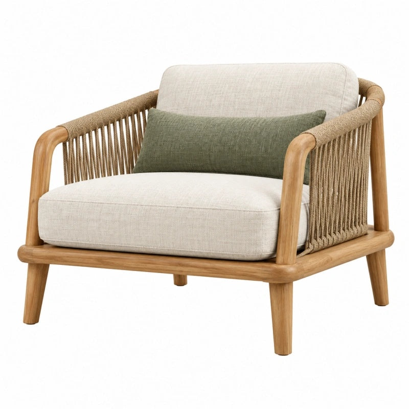 Poltrona da giardino 80 x 75 x 75 cm in legno naturale e corda intrecciata con cuscini beige stile bohémien