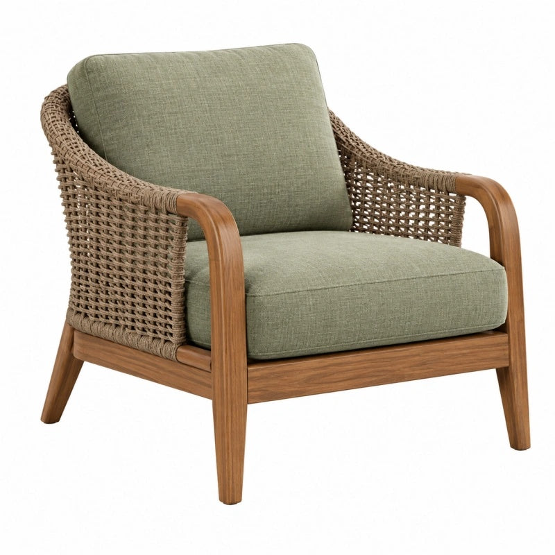 Poltrona 76 x 78 x 82 cm in legno e rattan verde oliva per soggiorno stile naturale