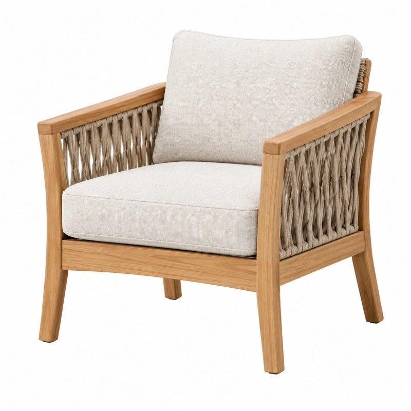 Poltrona da giardino 75 x 80 x 82 cm in legno naturale e corda intrecciata beige stile contemporaneo
