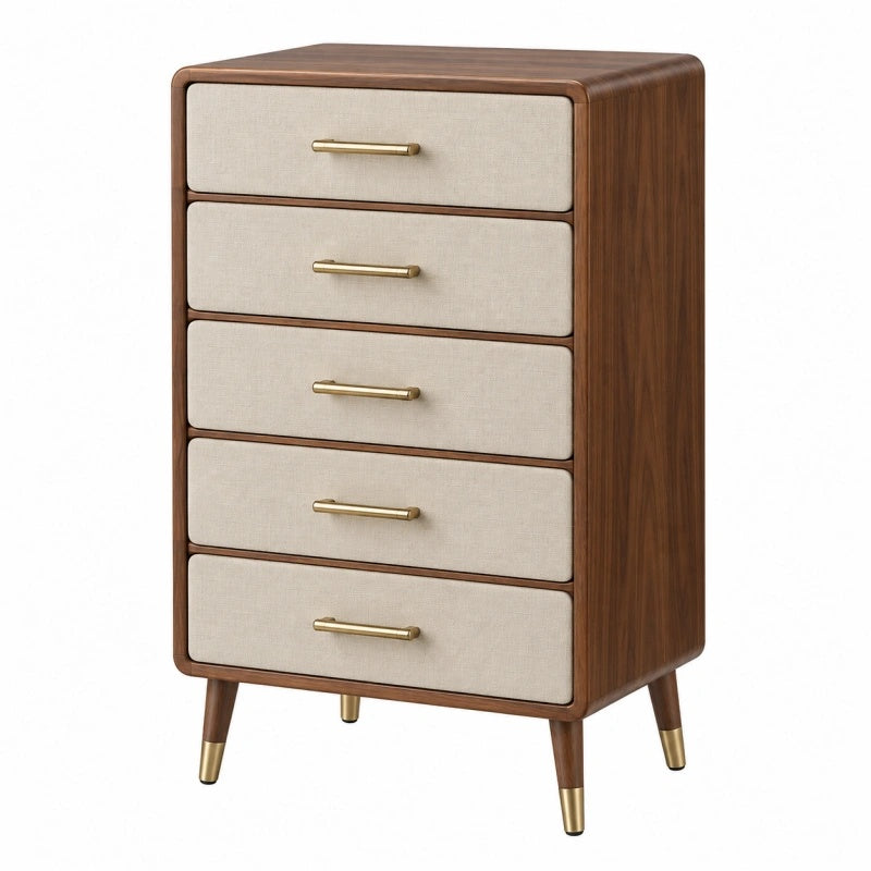 Cassettiera 80 x 45 x 120 cm in legno marrone con 5 cassetti rivestiti in tessuto stile moderno