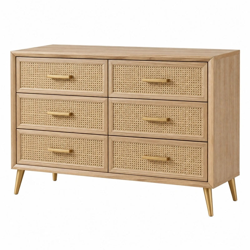 Cassettiera 120 x 40 x 80 cm in legno e rattan naturale - sei cassetti stile retrò