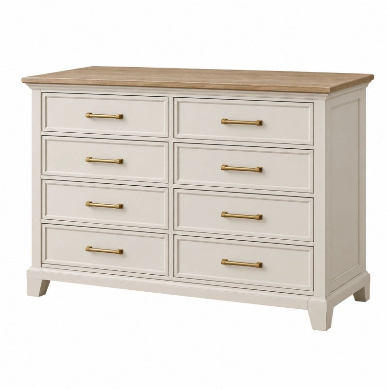 Cassettiera 160 x 45 x 90 cm in legno bianco e naturale - 8 cassetti stile classico