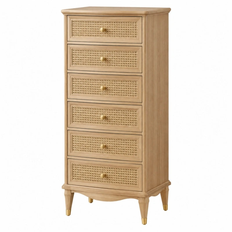 Cassettiera 60x40x130 cm in legno naturale e rattan con 6 cassetti stile retrò